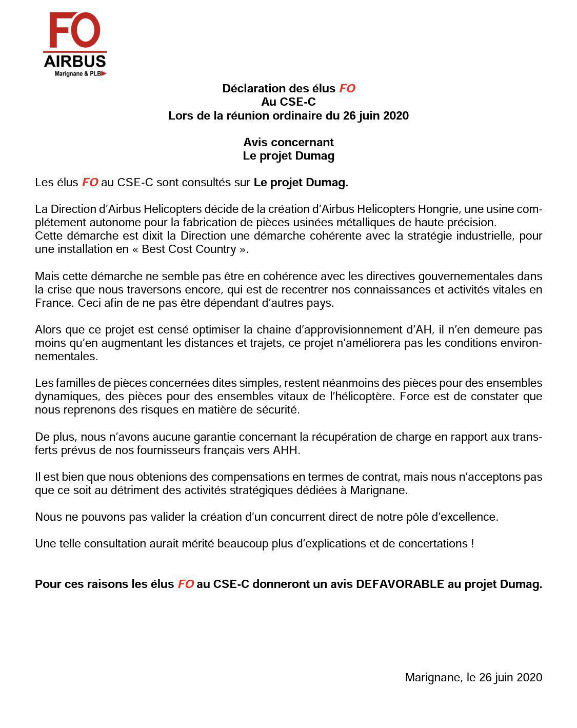 Projet Dumag :FO assume sa position en donnant un avis défavorable !