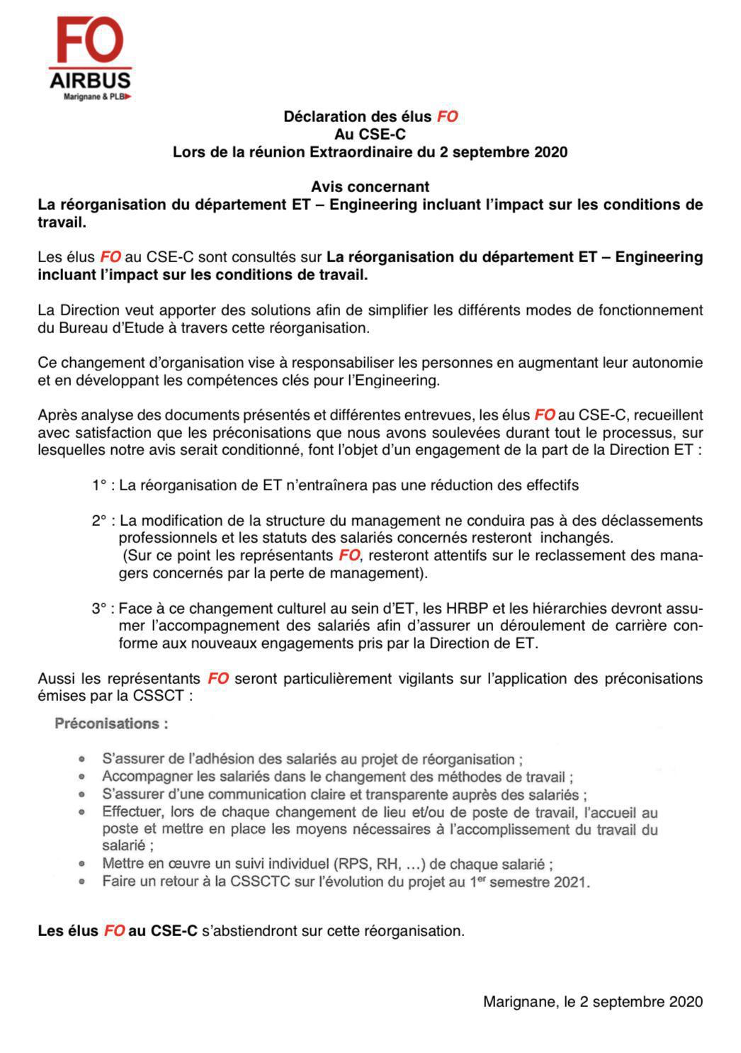CSE-C Réorganisation de la Direction technique ET : Un vote réfléchi...