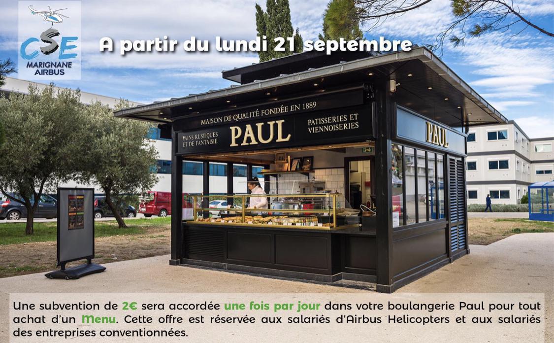 Votre CSE participe à hauteur de 2€ pour un menu acheté à PAUL !