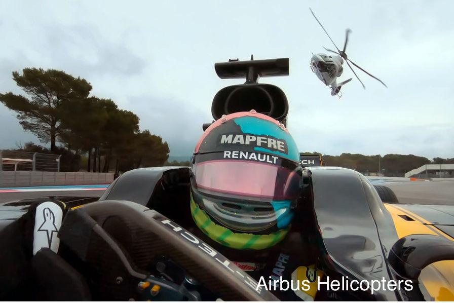 Coulisse de la course poursuite entre un hélicoptère Airbus et une formule 1 Renault !