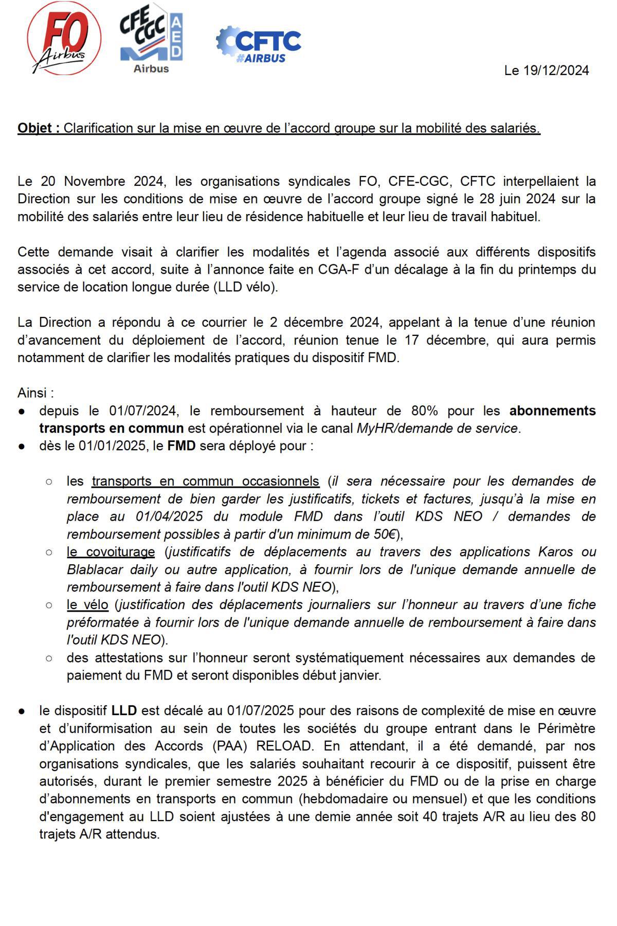 Réponse à notre courrier sur l’accord mobilité.