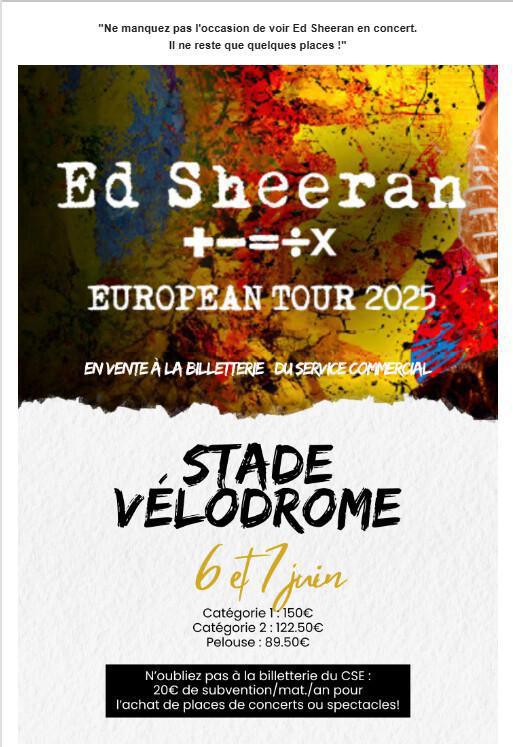 Concert d'Ed Sheeran au Vélodrome, il reste des places!!