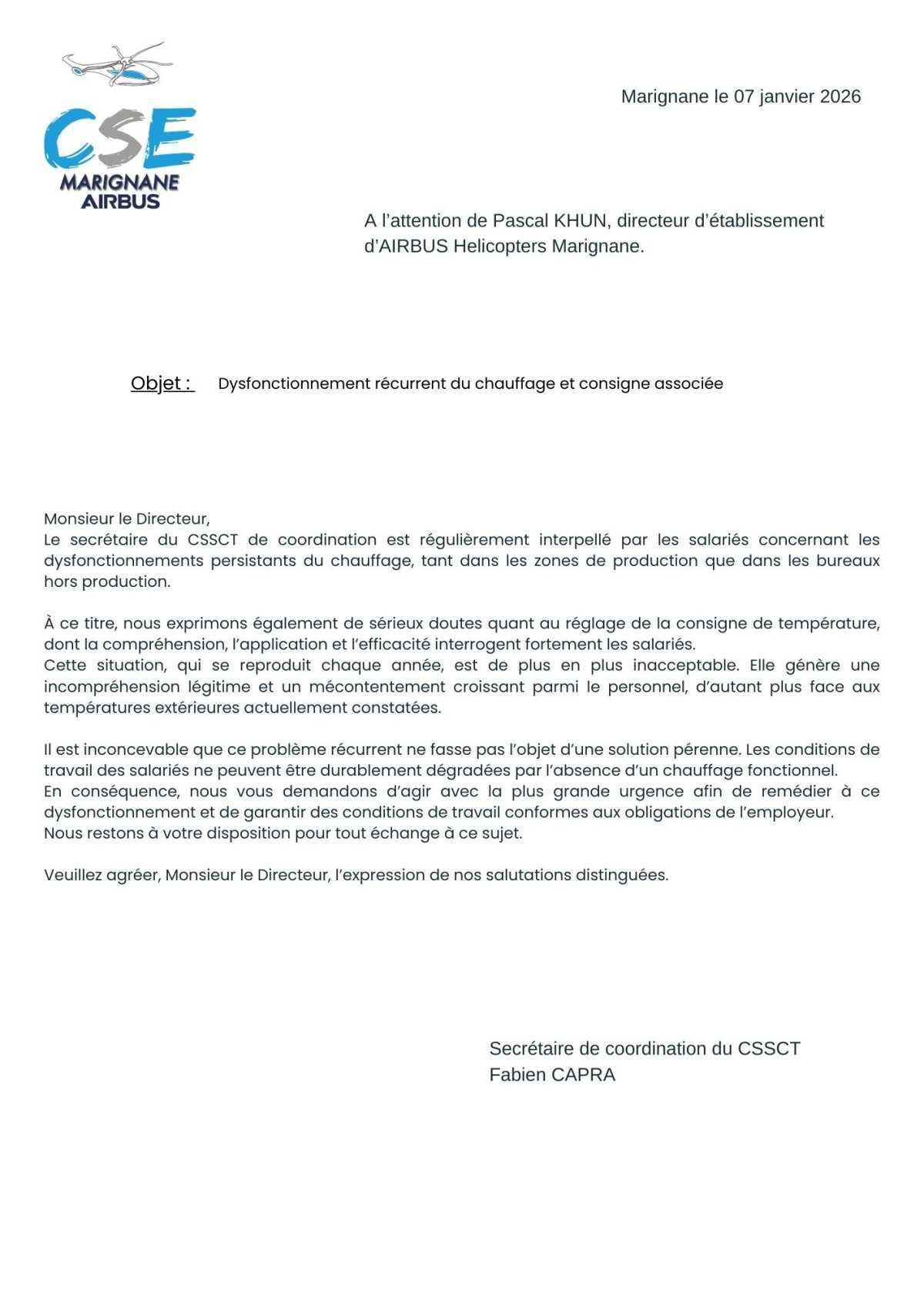 Chauffage défaillant : le CSSCT interpelle la Direction