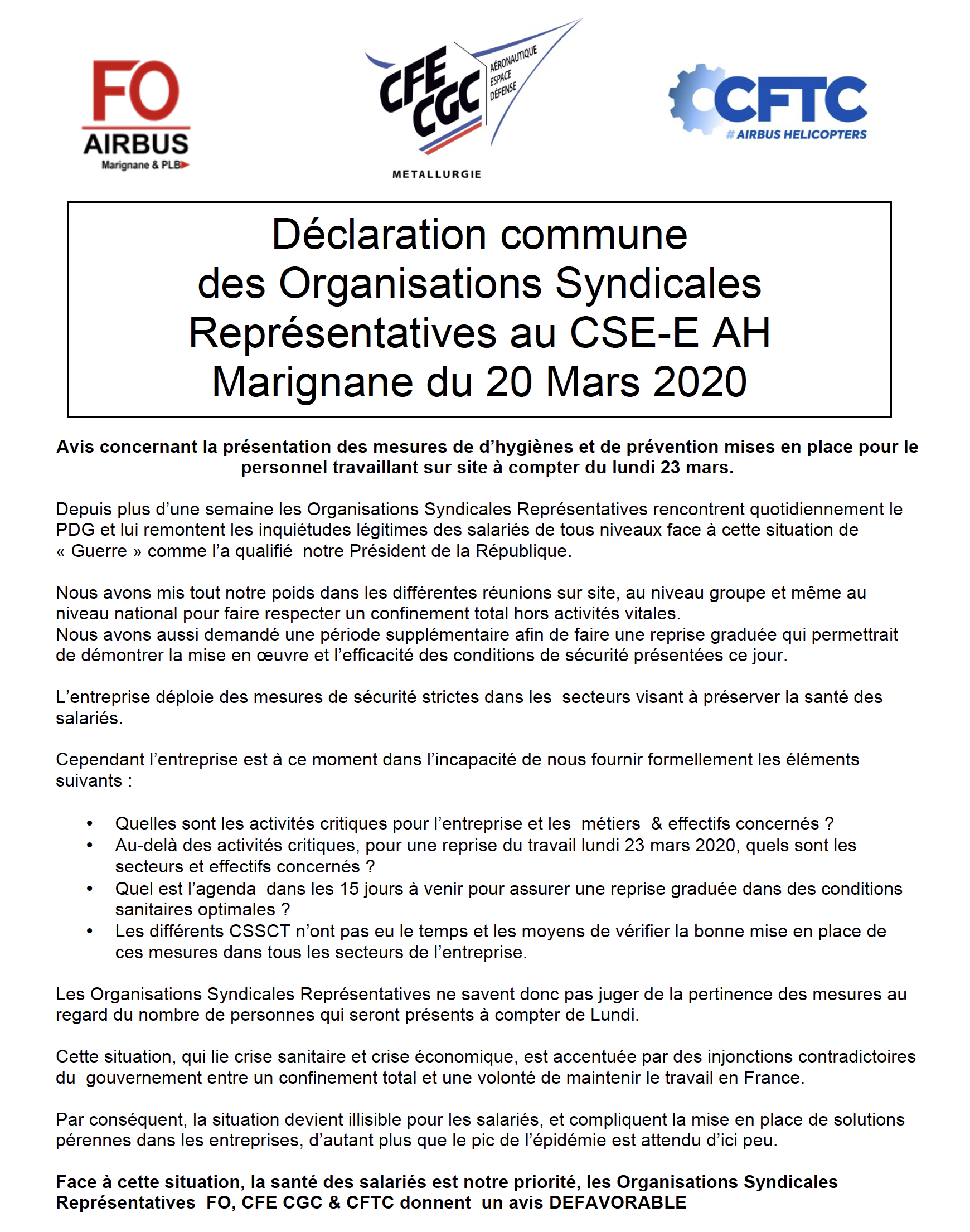 CSE-E Extraordinaire :Déclaration Commune Des Organisations Syndicales ...