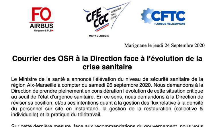 Courrier des OSR à la Direction face à l’évolution de la crise sanitaire