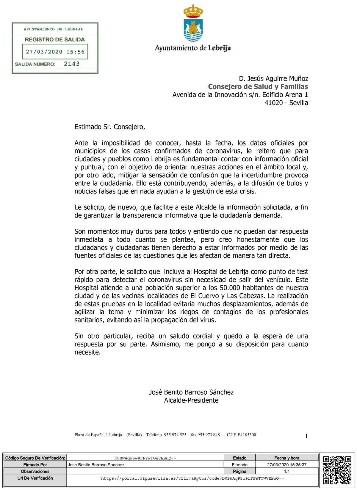 El Alcalde de Lebrija solicita a la Junta de Andalucía la necesidad urgente de conocer los datos confirmados de coronavirus por municipios