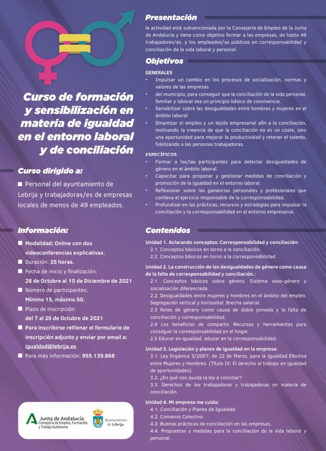 Abierto el plazo de inscripción para participar en un curso de formación en materia de igualdad en el entorno laboral y de conciliación