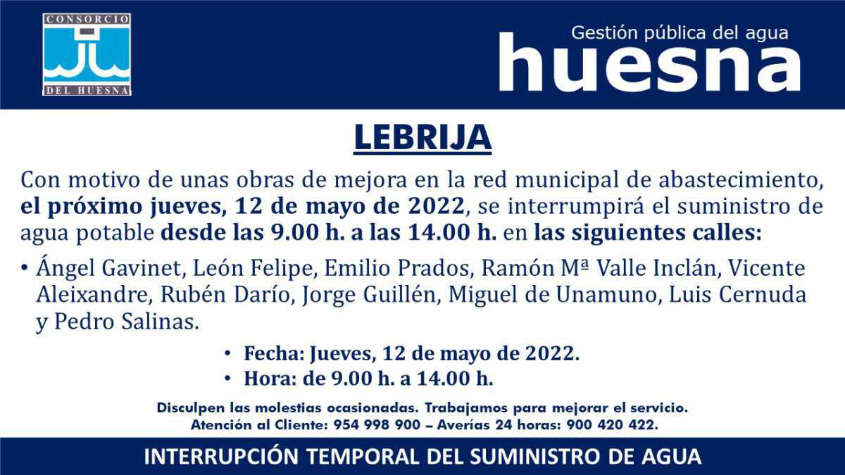 Aviso: Este jueves 12 de mayo se producirá la interrupción temporal del suministro de agua en la Barriada Huerta Macenas
