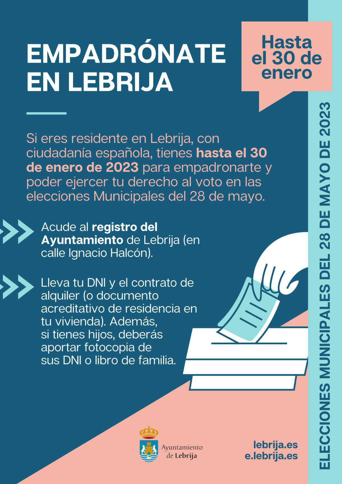Los residentes en Lebrija con ciudadanía española deben empadronarse en la localidad para ejercer su derecho al voto en las próximas elecciones municipales Los residentes en Lebrija con ciudadanía española deben empadronarse en la localidad para ejercer su derecho al voto en las próximas elecciones municipales