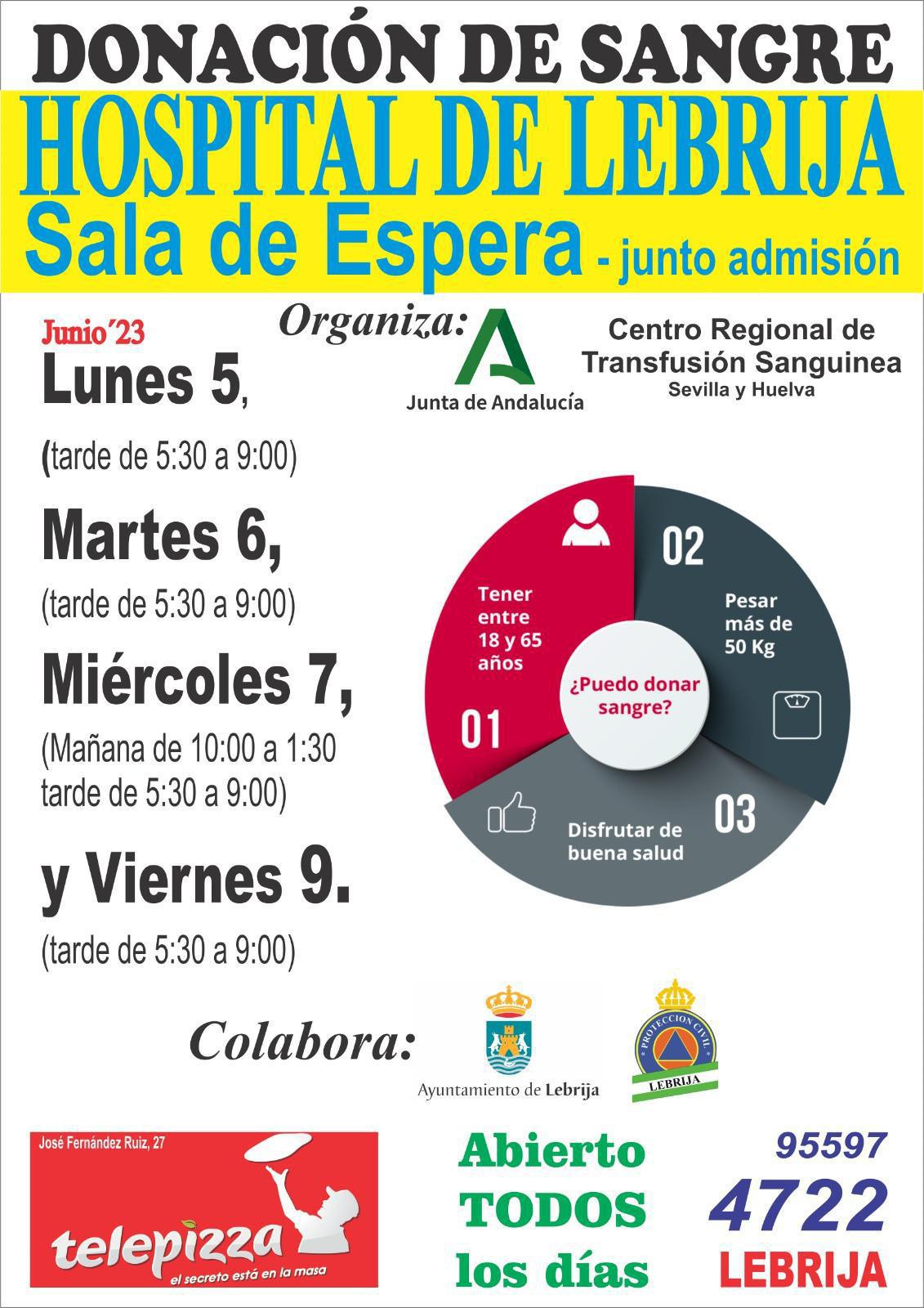 Nueva campaña de donación de sangre del 5 al 9 de junio en el Hospital de Lebrija