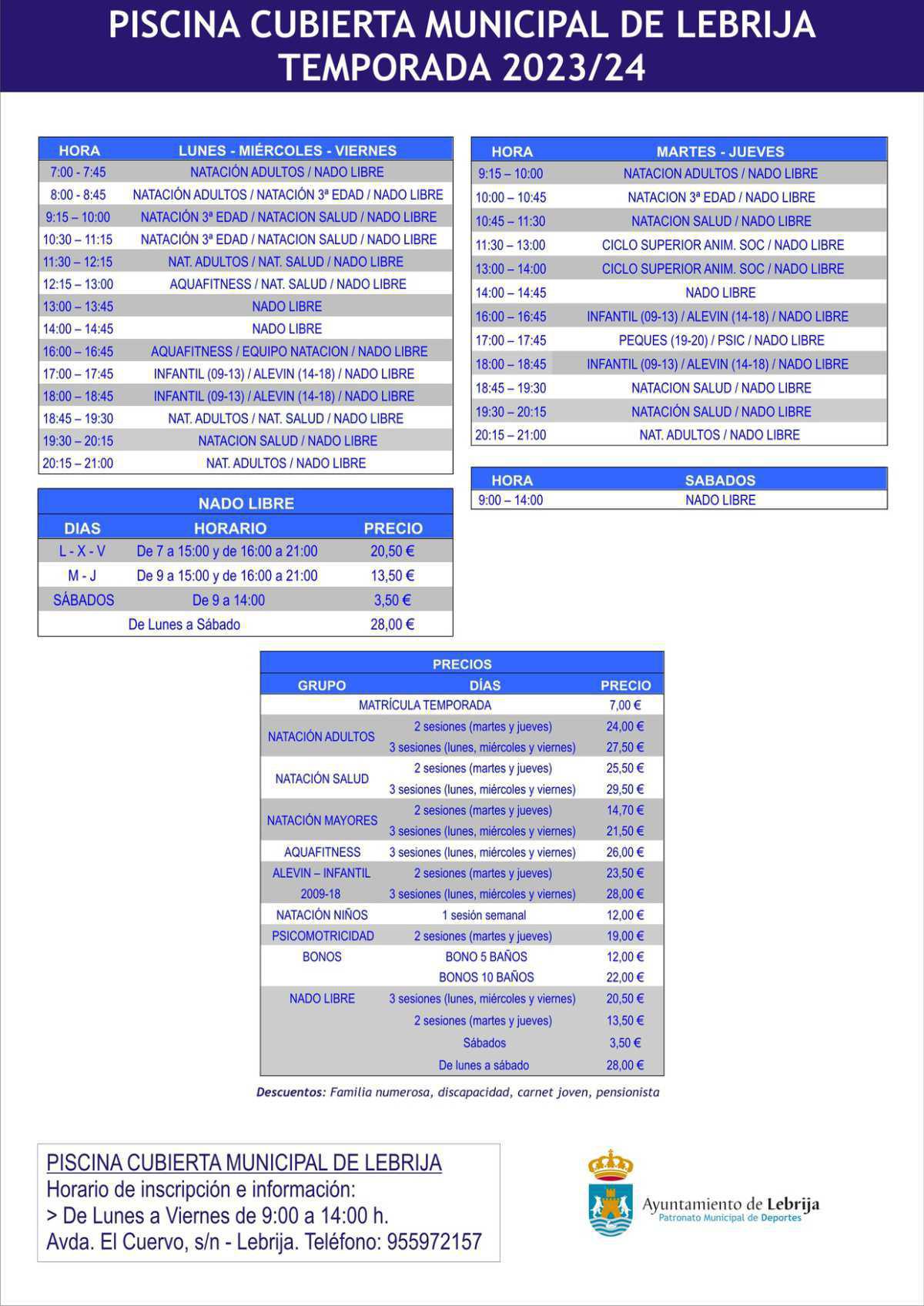 Abierto el plazo de inscripciones para la temporada 2023/2024 de la Piscina Cubierta Municipal