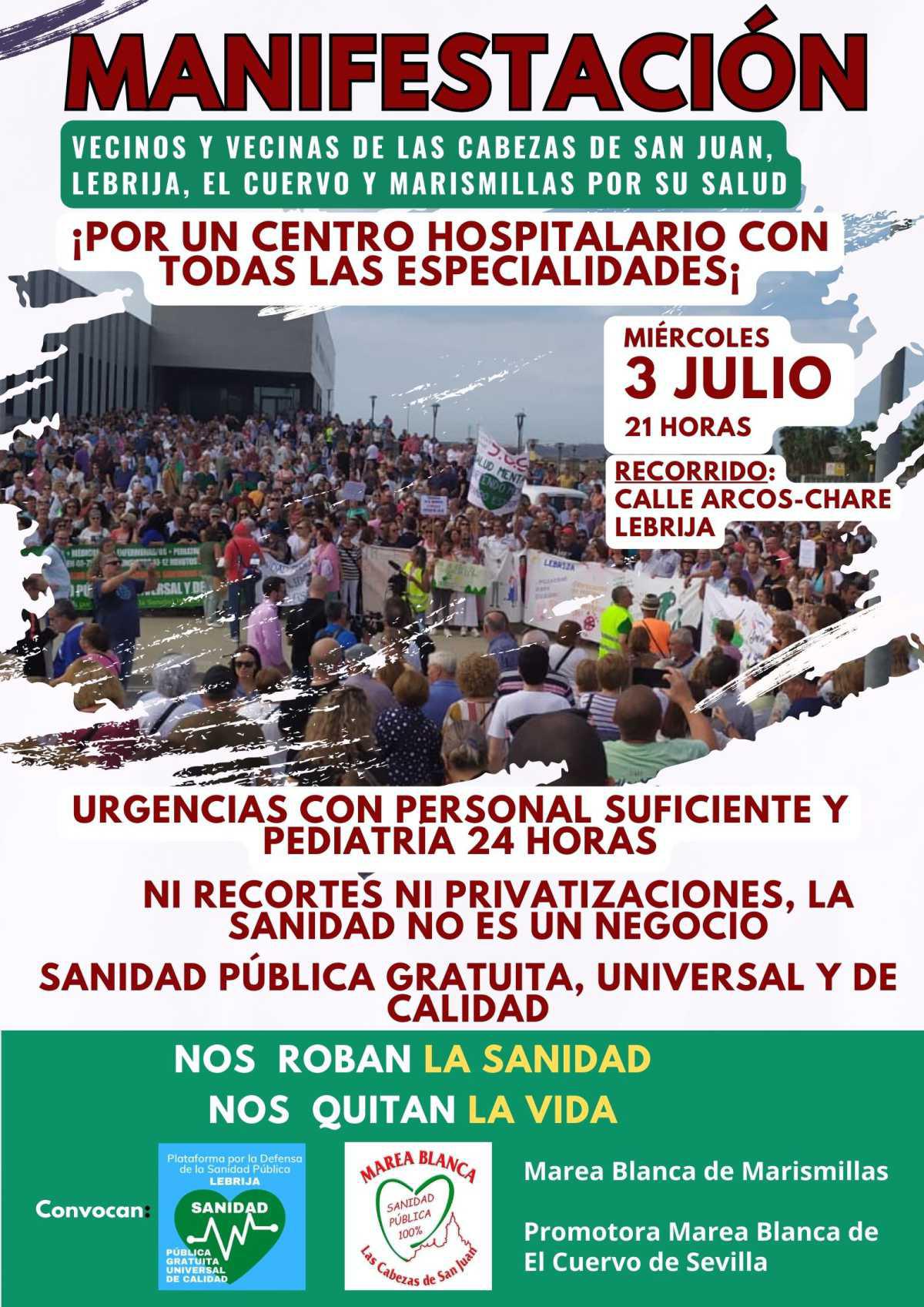 Los alcaldes de Lebrija, Las Cabezas y Marismillas muestran su apoyo a la manifestación comarcal en defensa de la Sanidad Pública prevista este miércoles 3 de julio en Lebrija