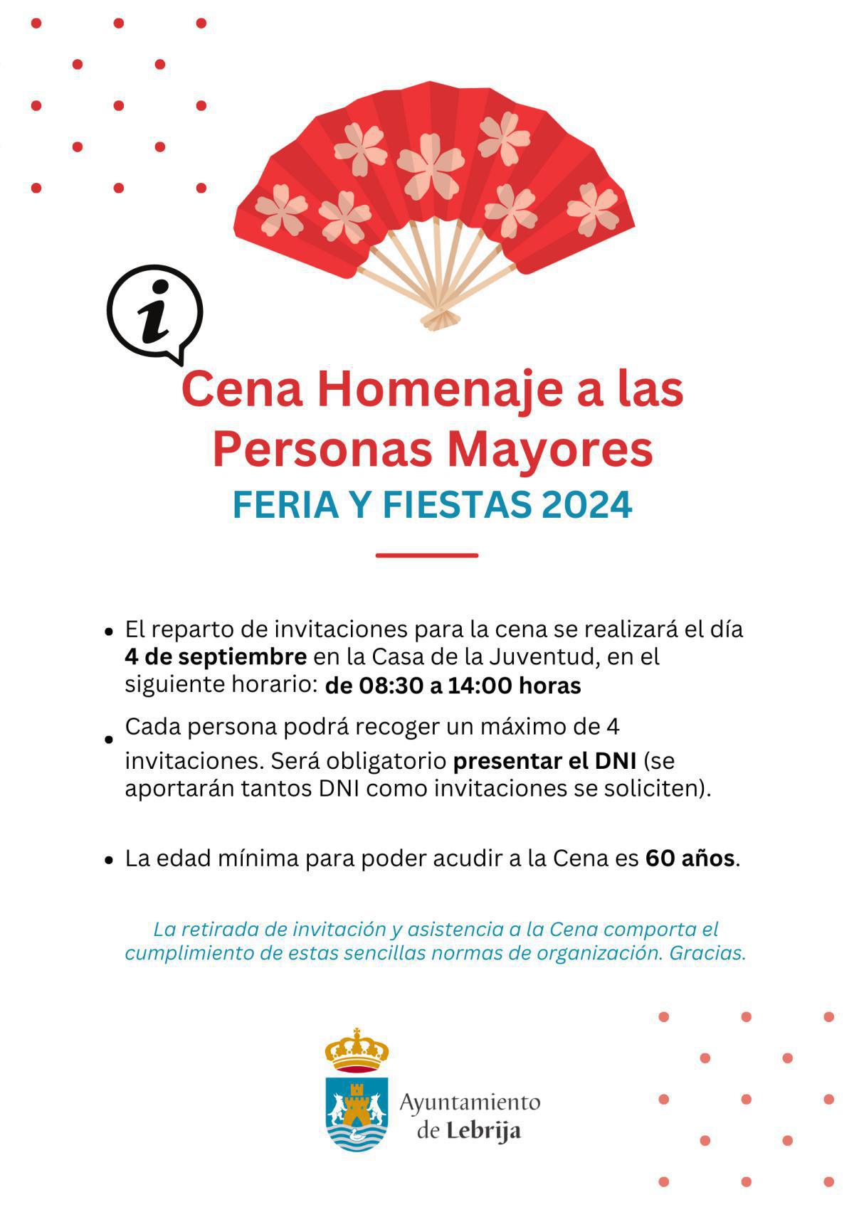 A partir del 4 de septiembre se podrán recoger las invitaciones para asistir a la Cena Homenaje a las Personas Mayores A partir del 4 de septiembre se podrán recoger las invitaciones para asistir a la Cena Homenaje a las Personas Mayores