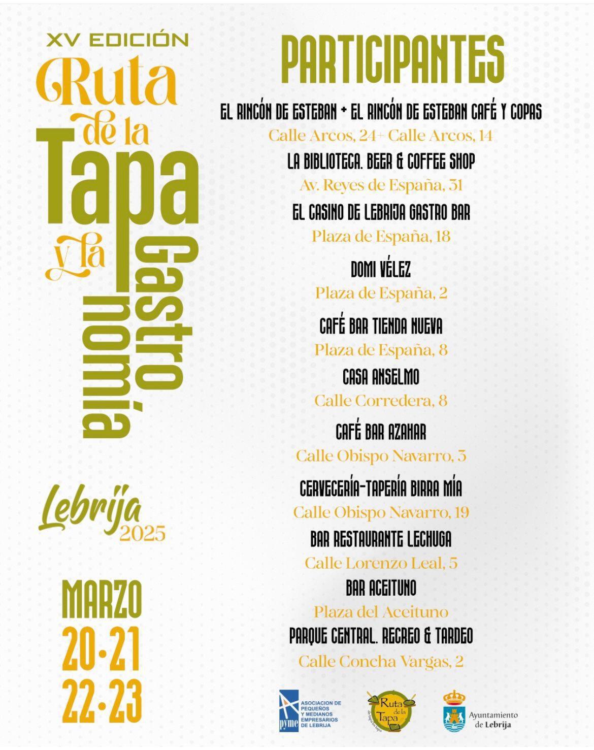 La XV Ruta de la Tapa se desarrolla en Lebrija del 20 al 23 de marzo La XV Ruta de la Tapa se desarrolla en Lebrija del 20 al 23 de marzo