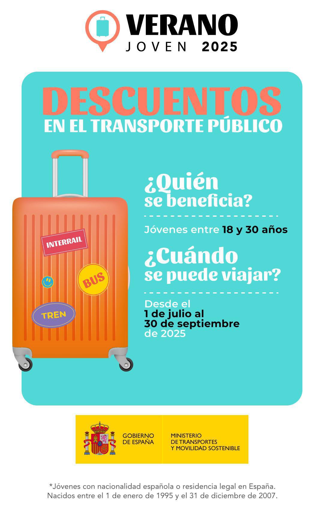 El Ministerio de Transportes y Movilidad Sostenible ha activado descuentos de hasta el 90% para facilitar a los jóvenes d viajar en transporte público este verano, tanto por España como por Europa