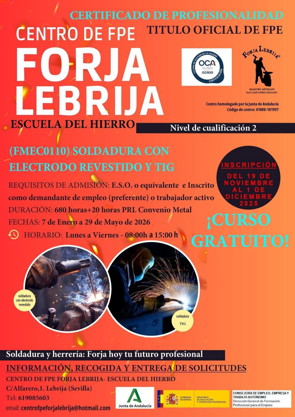 El Centro FPE Forja Lebrija pone en marcha un nuevo curso gratuito de Soldadura con Electrodo Revestido y TIG para personas desempleadas