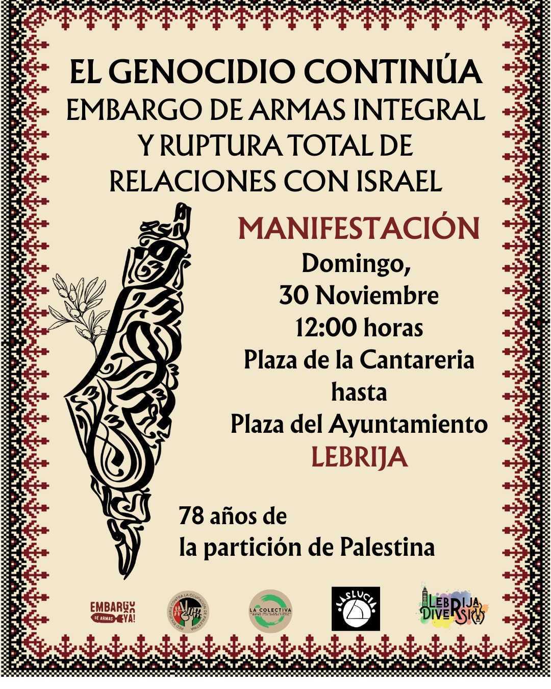  La Asociación Lebrijana La Colectiva convoca una manifestación en apoyo al pueblo palestino este domingo 30 de noviembre