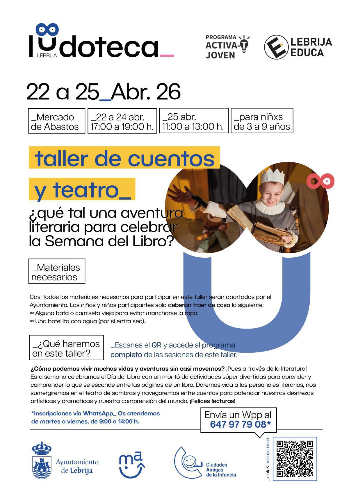 La Ludoteca municipal celebra la Semana del Libro con un taller de cuentos y teatro del 22 al 25 de abril