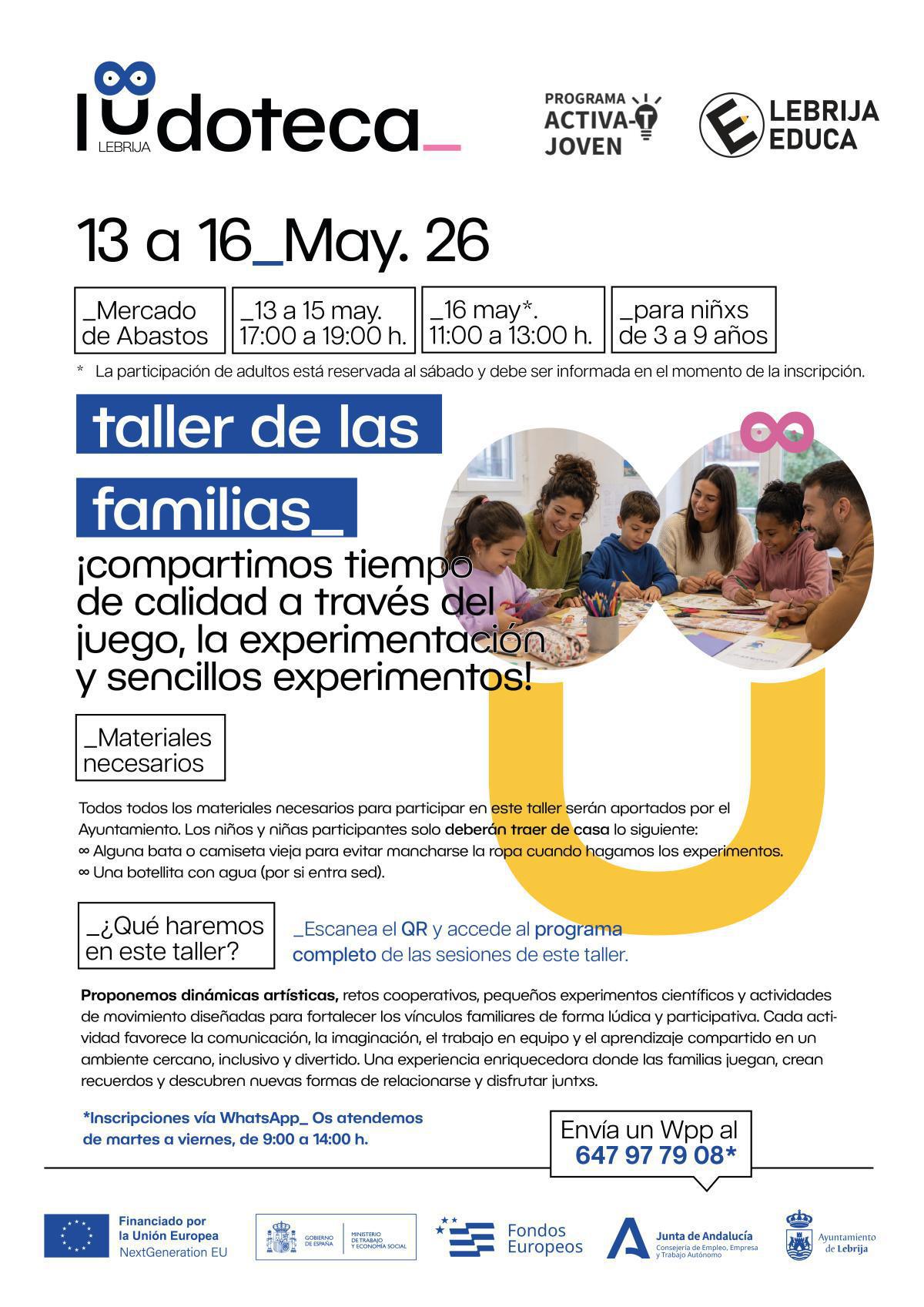 La Ludoteca municipal ofrecerá actividades lúdicas, creativas y educativas en el Taller de Familias