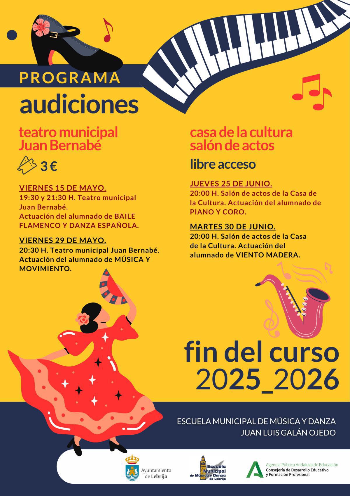 La Escuela Municipal de Música y Danza “Juan Luis Galán Ojedo” presenta su programa de audiciones y actividades de clausura del curso 2025/2026