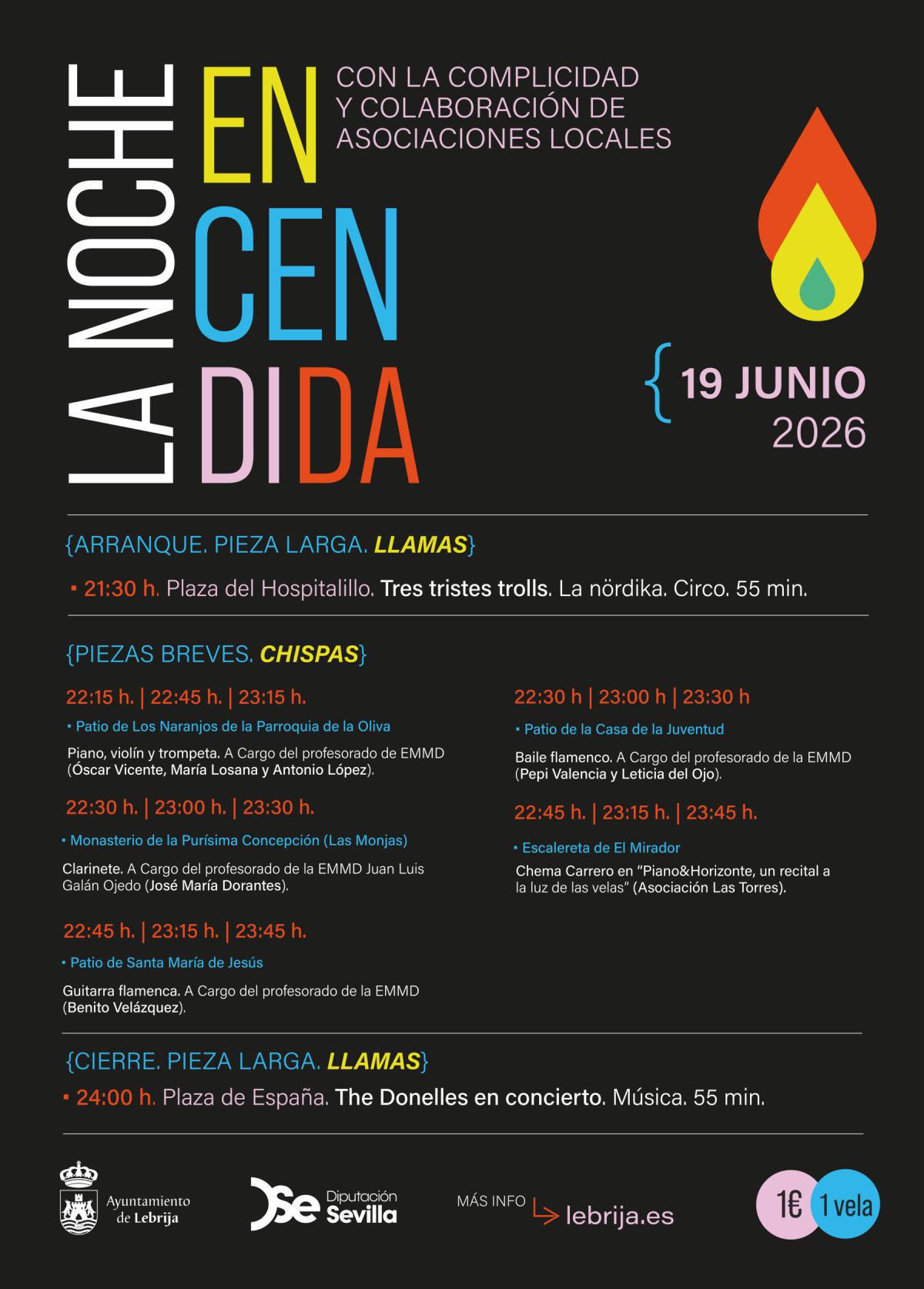 La Noche Encendida llenará de música, danza y circo el casco histórico de Lebrija este viernes 19 de junio
