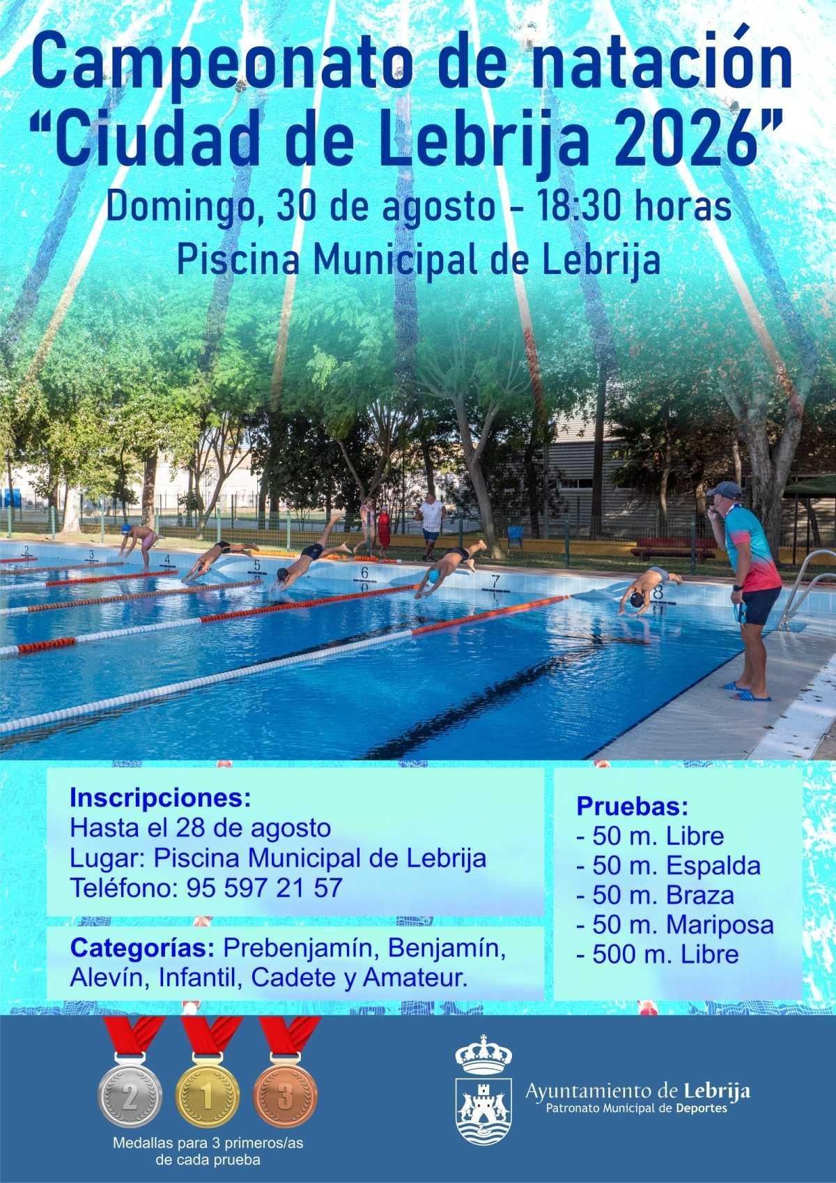 El Campeonato de Natación “Ciudad de Lebrija 2026” se celebrará el 30 de agosto en la Piscina Municipal