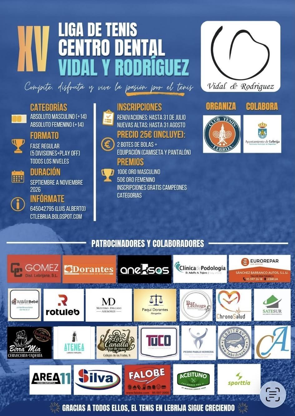 Abierto hasta el 31 de agosto el plazo de inscripción para la XV Liga de Tenis Local “Centro Dental Vidal y Rodríguez”