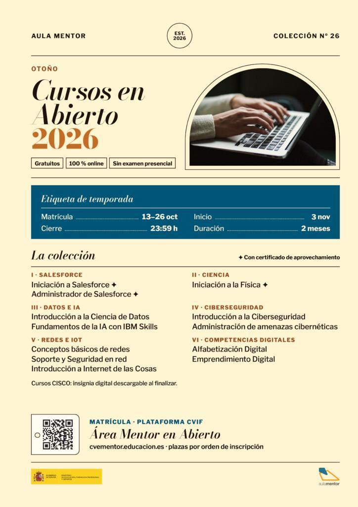 Abierto el plazo de matrícula para los cursos gratuitos de Aula Mentor de octubre de 2026