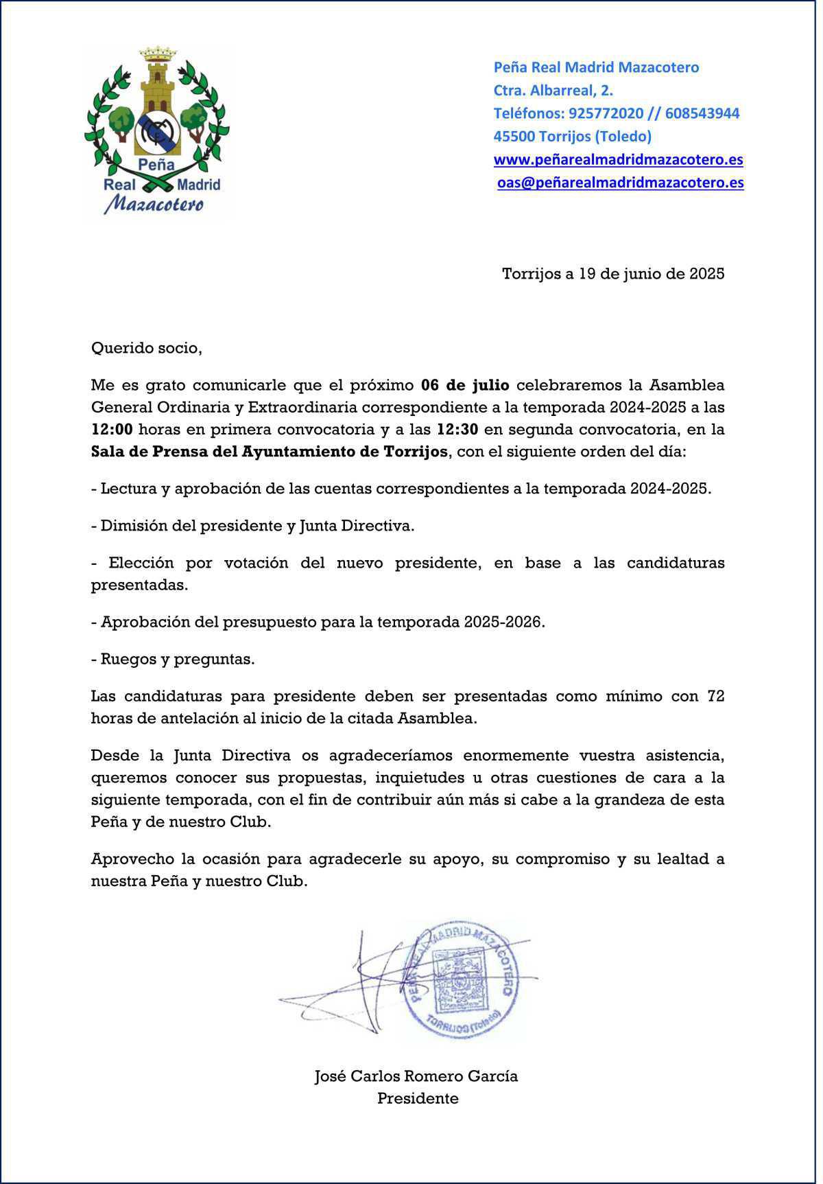 convocatoria de la Asamblea General Ordinaria y Extraordinaria correspondiente a la temporada 2024-2025.