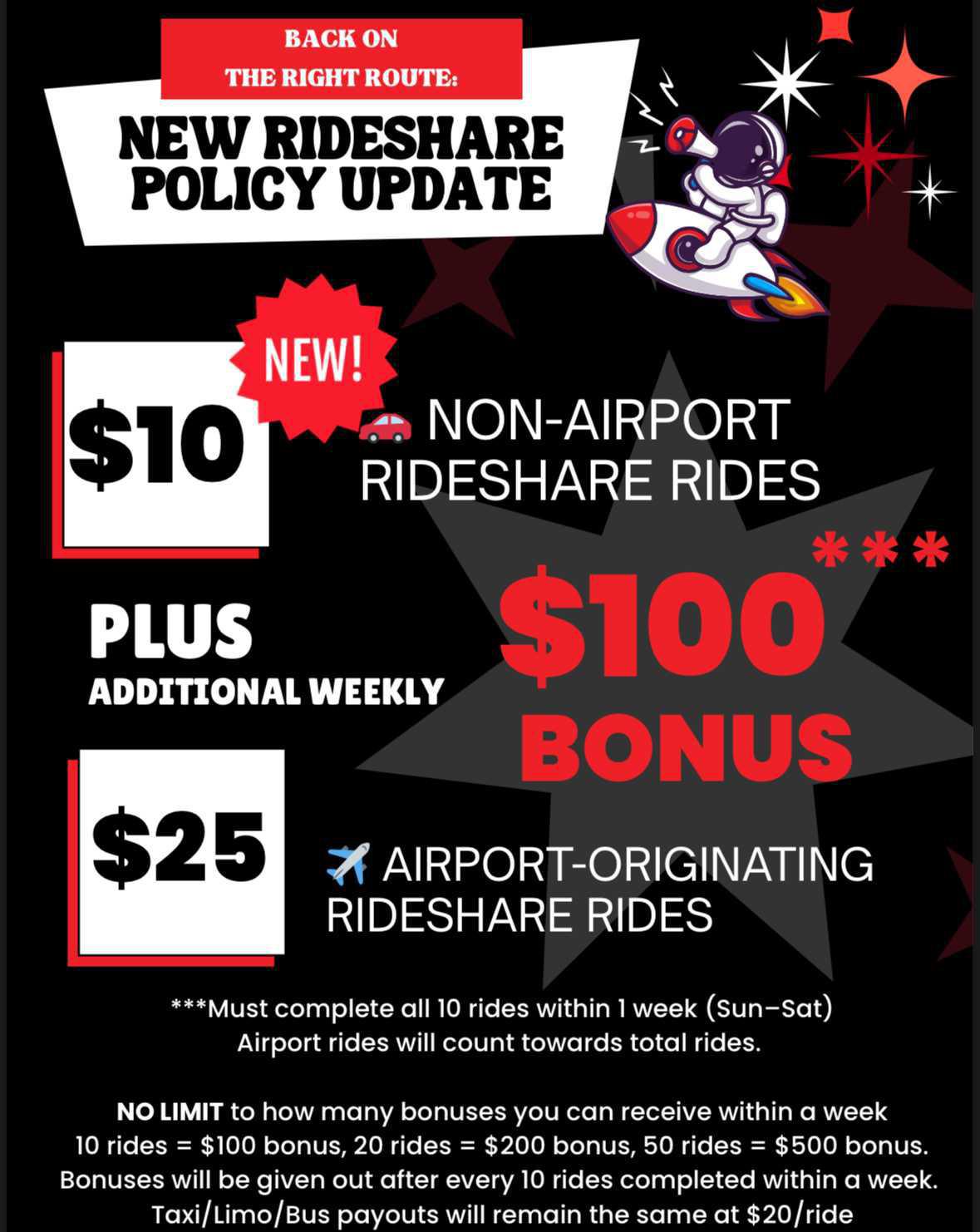 NEW! P13 Rideshare payouts: $10 non-airport, $25 airport. $100 bonus per 10 rides—unlimited! NEW! P13 Rideshare payouts: $10 non-airport, $25 airport. $100 bonus per 10 rides—unlimited!