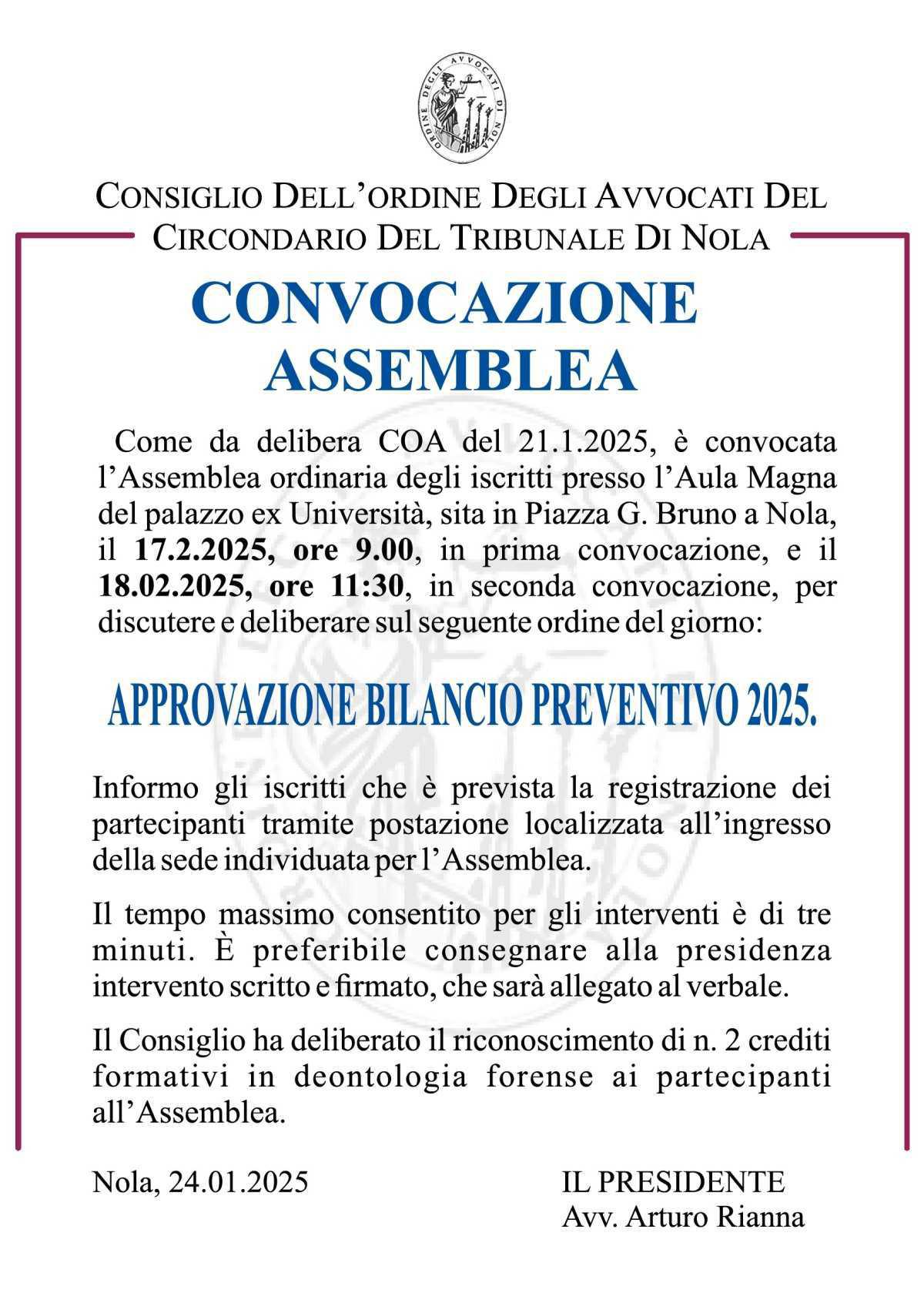 CONVOCAZIONE ASSEMBLEA ORDINARIA