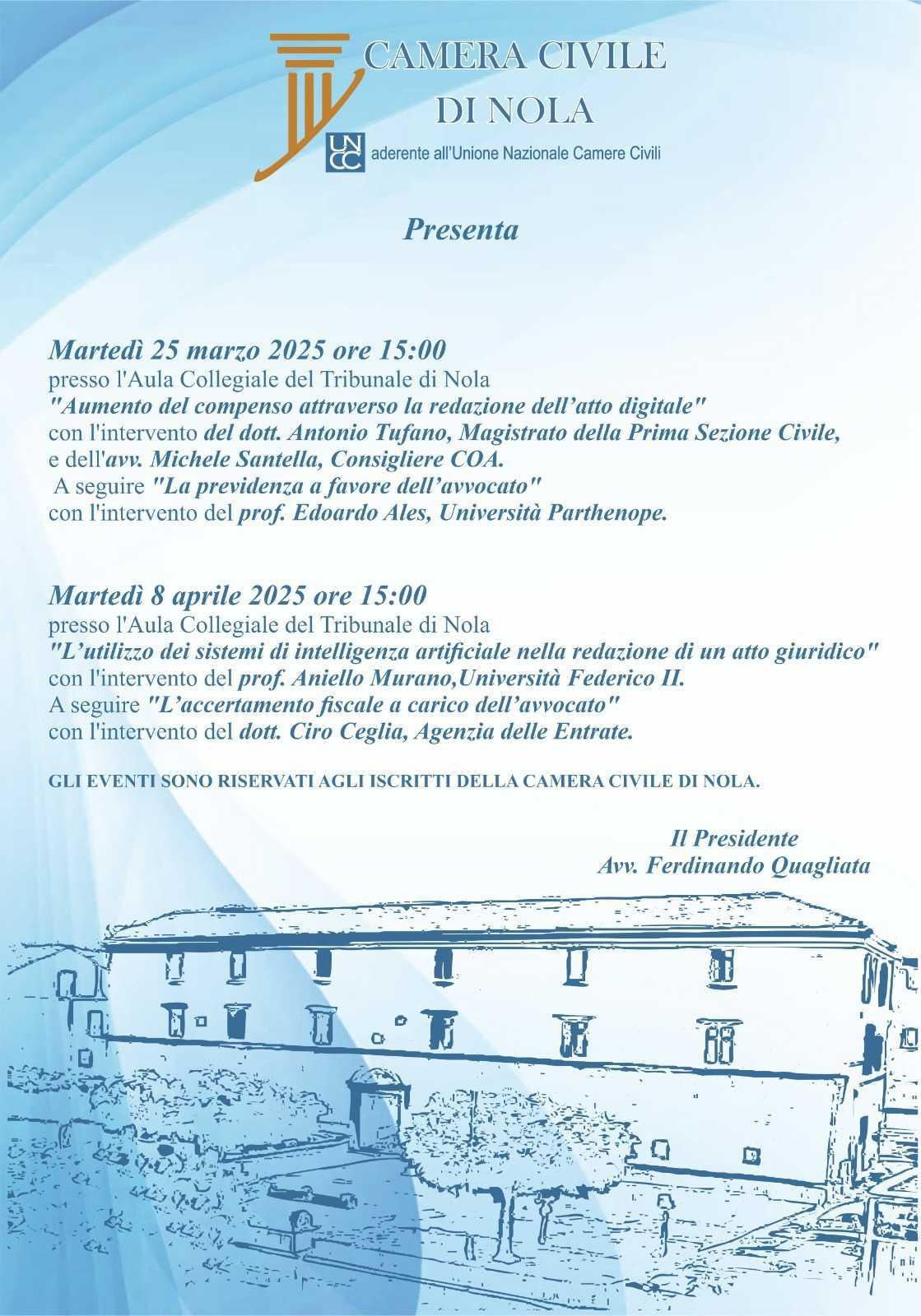 Camera Civile di Nola, eventi il 25 marzo e l'8 aprile 2025, ore 15, presso Aula Collegiale del Tribunale di Nola