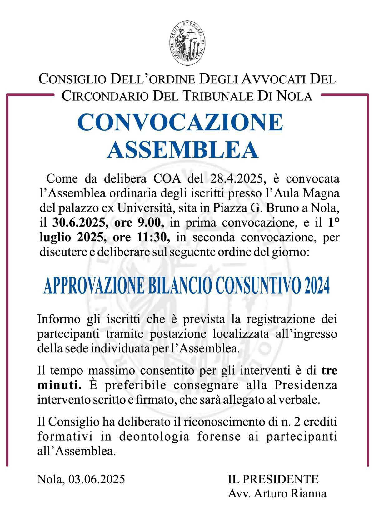 CONVOCAZIONE ASSEMBLEA ORDINARIA