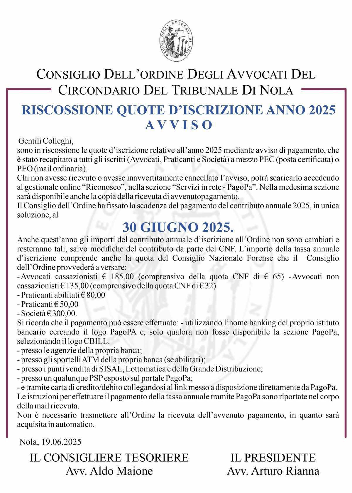 Riscossione quote d’iscrizione anno 2025