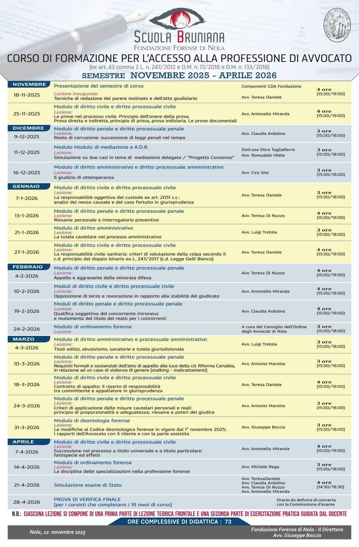 Scuola Bruniana. Inizia oggi il Corso obbligatorio dl formazione per l’accesso alla professione dl Avvocato, semestre novembre 2025 - aprile 2026 Scuola Bruniana. Inizia oggi il Corso obbligatorio dl formazione per l’accesso alla professione dl Avvocato, semestre novembre 2025 - aprile 2026