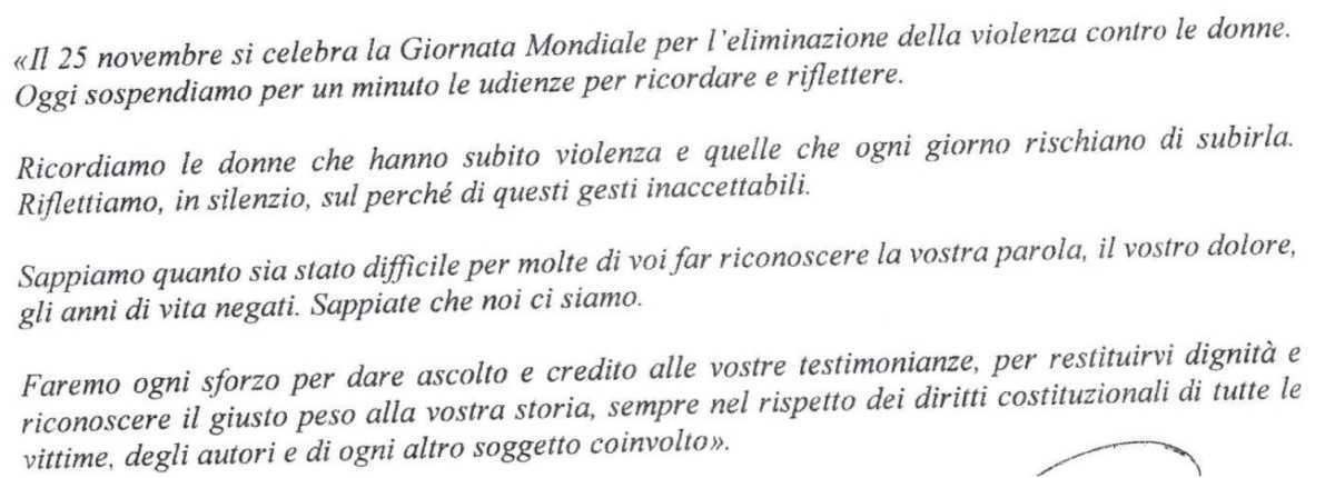 Giornata internazionale per l'eliminazione della violenza contro le donne - Sospensione delle udienze per il giorno 25 novembre 2025 per osservare un minuto di silenzio 