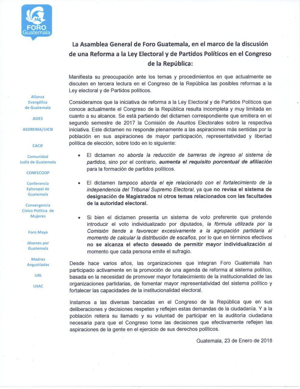 Posicionamiento de Foro Guatemala sobre Reforma Electoral