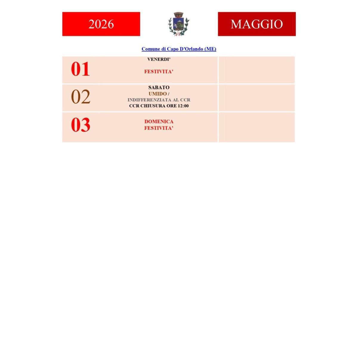 Variazioni Calendario per la raccolta porta a porta