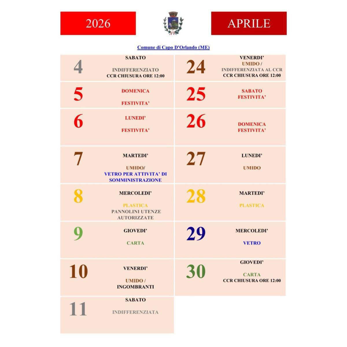 Variazioni Calendario per la raccolta porta a porta