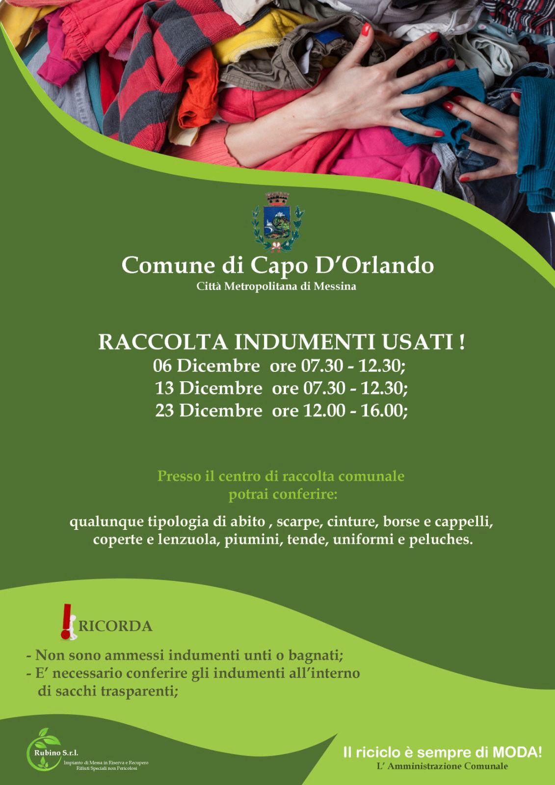 Raccolta Indumenti Usati (dalle ore 12:00 alle ore 16:00)