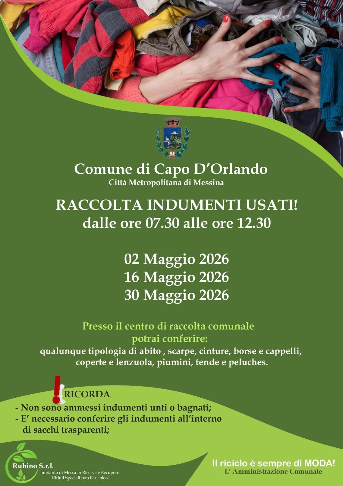 Raccolta Indumenti Usati (dalle ore 7:30 alle ore 12:30)