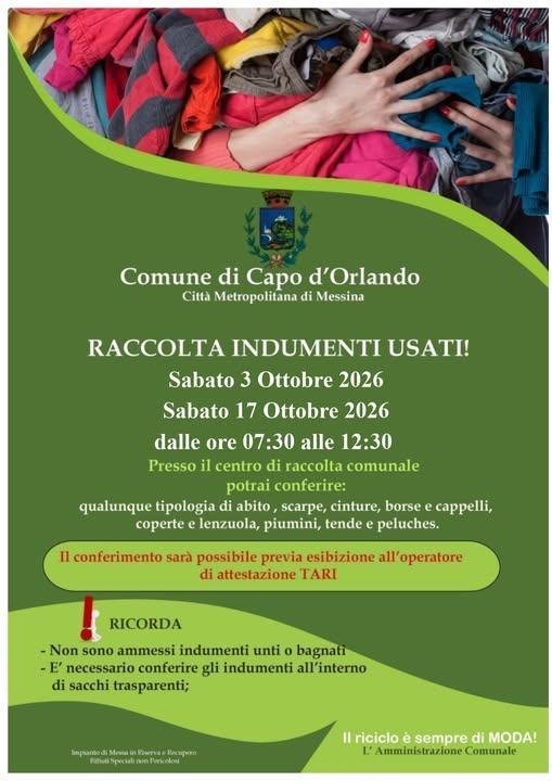 Raccolta Indumenti Usati (dalle ore 7:30 alle ore 12:30) Raccolta Indumenti Usati (dalle ore 7:30 alle ore 12:30)