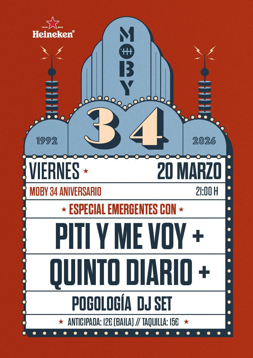 Heineken presenta EMERGENTES 2026 – 34 ANIVERSARIO MOBY DICK CLUB: PITI Y ME VOY + QUINTO DIARIO + Pogología DJ Set Heineken presenta EMERGENTES 2026 – 34 ANIVERSARIO MOBY DICK CLUB: PITI Y ME VOY + QUINTO DIARIO + Pogología DJ Set
