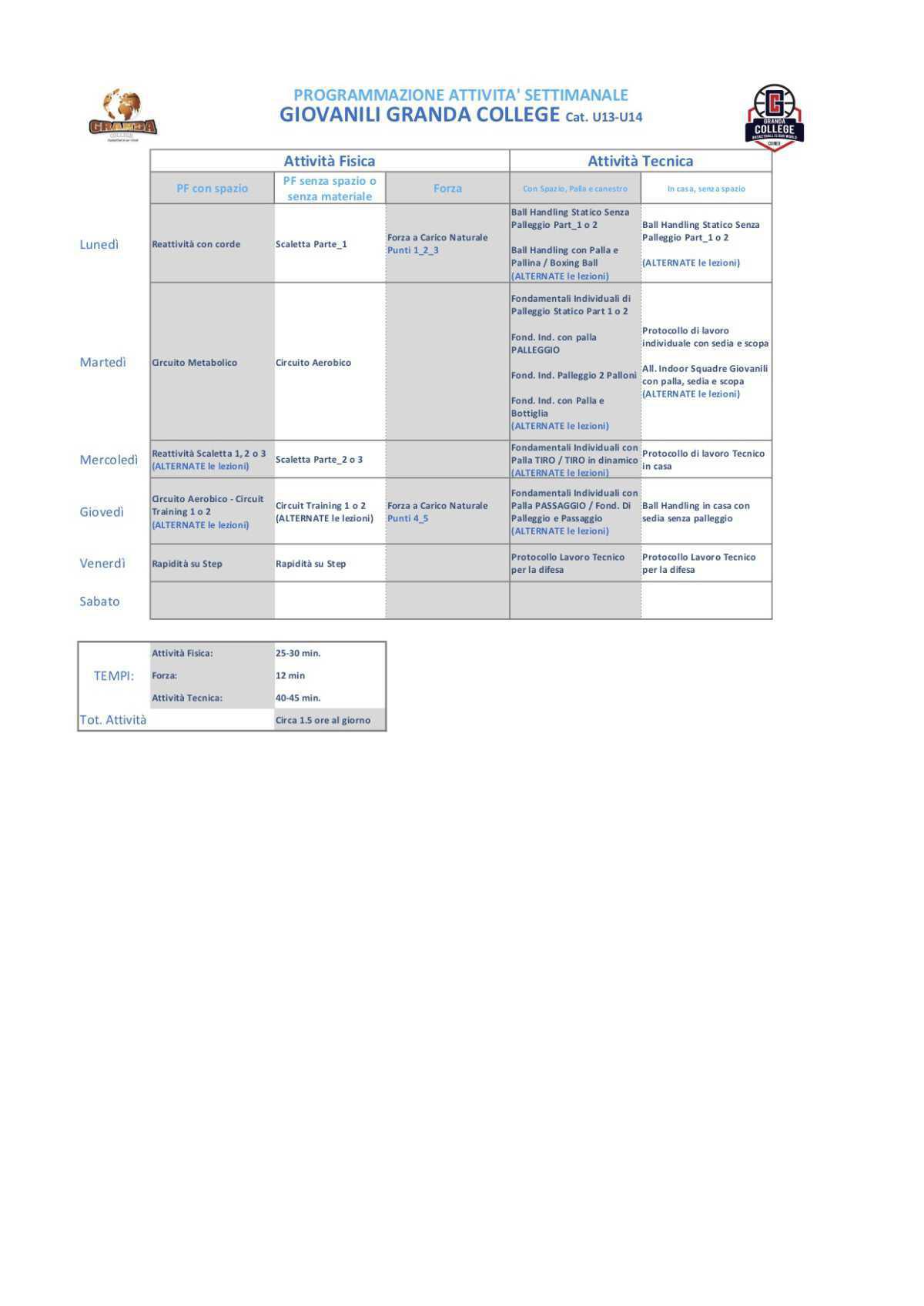 Programmazione Attività - Gruppi Under 13, Under 14 Programmazione Attività - Gruppi Under 13, Under 14