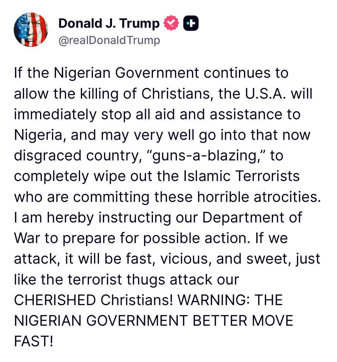 ترامب يلوّح بتدخل عسكري في نيجيريا على خلفية العنف ضد المسيحيين 