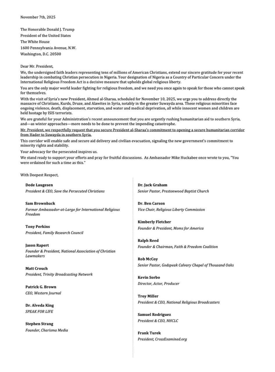 ‎رسالة أمريكية تطالب ترامب بمحاسبة الشرع حول مجازر الأقليات الدينية في سوريا قبل اجتماعه في البيت الأبيض