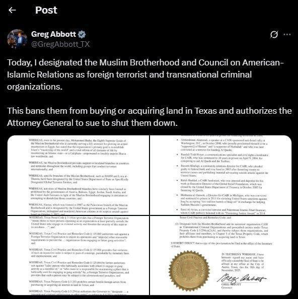 تكساس تعلن جماعة الإخوان المسلمين ومنظمة كير منظمات إرهابية أجنبية 