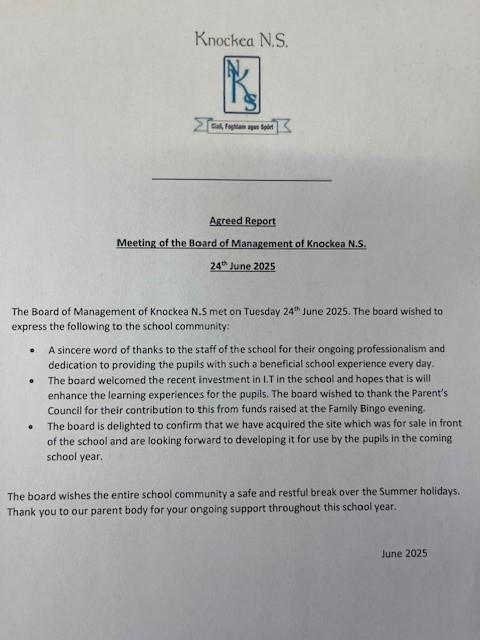 Agreed report from Board of Management June 2025