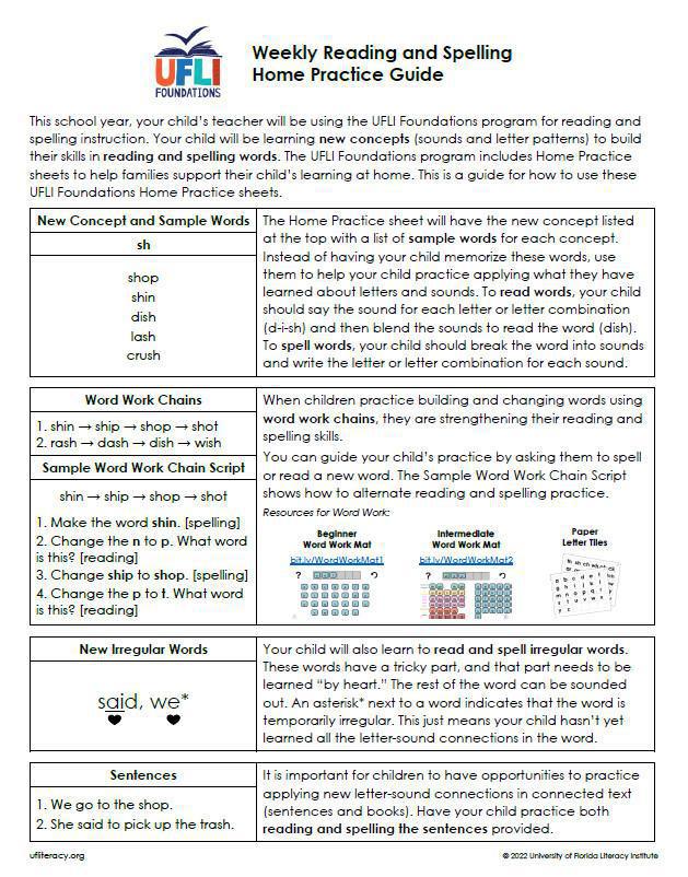 UFLI Homework Guide and Link for Work Word Mat 