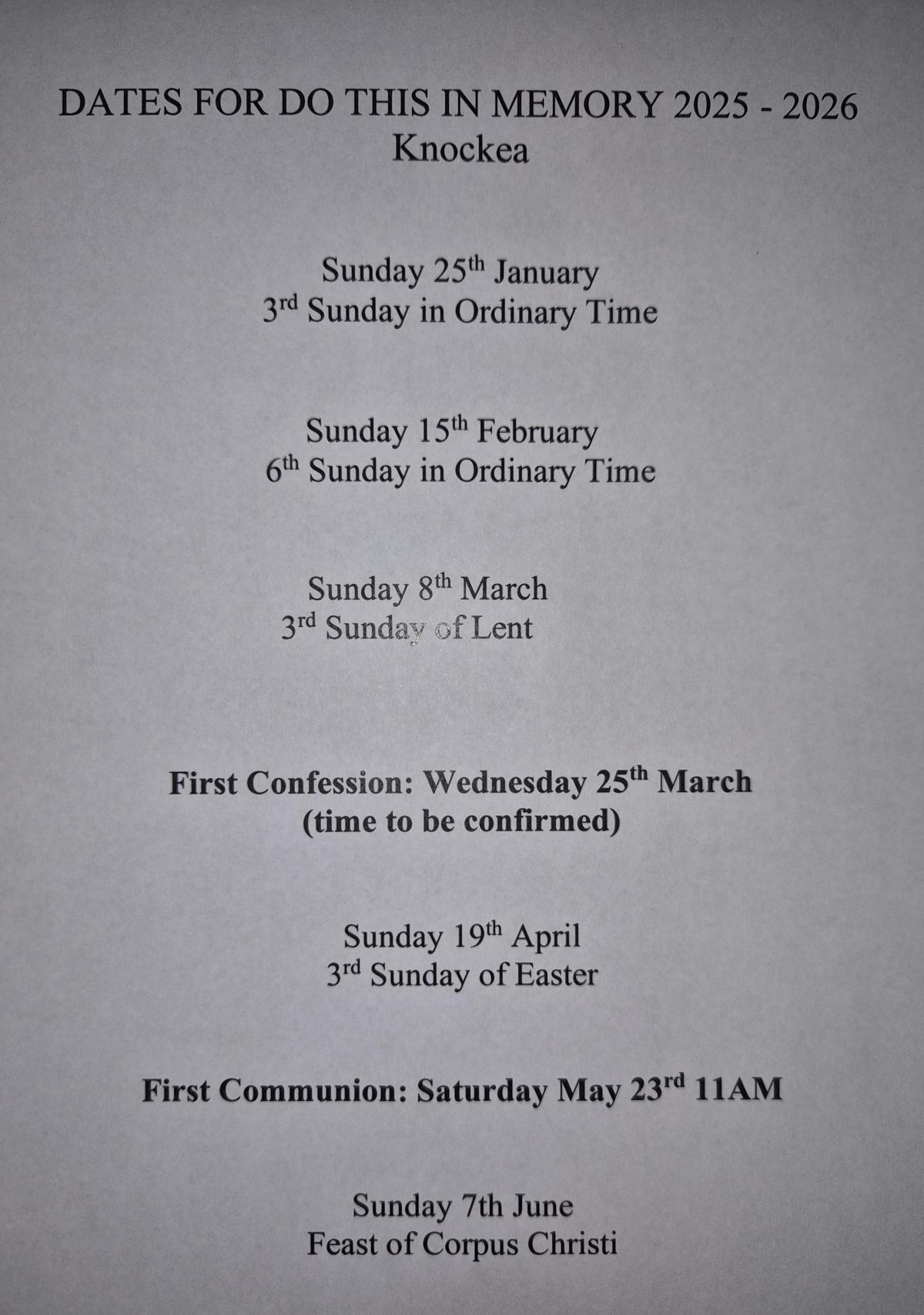 Do This in Memory mass dates for our First Holy Communion group 2026 - First Holy Communion Date is 23rd May at 11 a.m. Do This in Memory mass dates for our First Holy Communion group 2026 - First Holy Communion Date is 23rd May at 11 a.m.